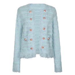 Vinatge 2024 Pink/White/Blue/Beige Tassel Women's Coats Buttons Long Sleeves Silm Women's Cardigans Designer High End Women's Sweaters 3155