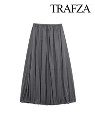 Skirts TRAFZA 2024 Spring Women's Fashion Midi High Waist Drawstring A-Line Solid Grey Pleated Vintage Versatile Loose Bottoms