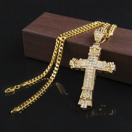 Iced Out Cross Pendant Necklace Mens Gold Cuban Link Chain Necklaces Hip Hop Jewelry208c