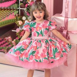 Girl's Dresses Summer flower pink party dresses for girls buffy sleeves printed birthday princess dress evening dress wedding ball vestibule 240315