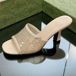 Sandálias de grife elegante gaze fina strass xadrez sandálias femininas 7.5cm salto alto feminino romance e chinelos de moda luxuosos