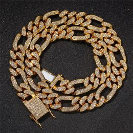 18K Gold Plated Figaro Cuban Chain Iced Out Full Rhinestone 13mm Alloy Heavy Miami Cuban Link Chain Bracelets Necklace244M