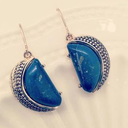 Dangle Earrings Light Yellow Gold Colour Half Moon Lapis Lazuli For Women Classic Style Jewellery