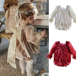 Ins Baby Girl Bow Velvet Princess Romper Pleated Bodysuits Vintage born Todder Birthday Jumpsuit .Infant Clothing 3T240311