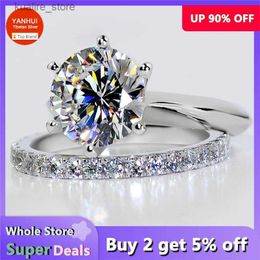 Cluster Rings Amazing! Luxury 1.5Ct Zircon Rings Set Solid White Tibetan Silver Wedding Band Set for Women Stackable Ring Allergy Free Jewelry L240315