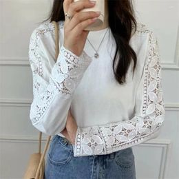 Women's T Shirts Korean Shirt Women Lace Long Hollow Out Sleeve Solid 2024 Spring Autumn Vintage Rope De Mujer Fashion Sweet Retro Camisetas