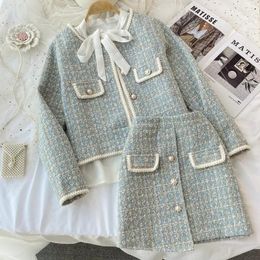 Two Piece Dress Autumn 2 Pieces Set Elegant Fashion Vintage Plaid Tweed Long Sleeve Jackets Coat Irregular A-Line Mini Skirts Femame Suit