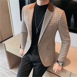 High Quality Suit Mens British Style Slim Elegant Fashion Business Casual Dress Tuxedo Spliced Collar Plover Case Blazer Jacket 240313