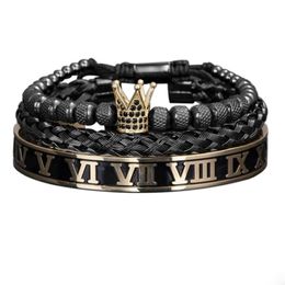 Bangle Luxury Crown Handmade Men Enamel Roman Numeral Bangles Hemp Rope Buckle Open Stainless Steel Micro Pave CZ Luxury Jewelry 2229m