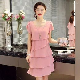 Party Dresses 2024 Dress For Women Summer Wave Cut Ruffle Sweet Solid Short Sleeve Slim Lady Casual All-match Vestido O-Neck Chiffon