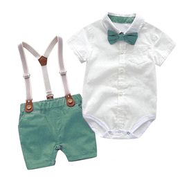 Baby Boy Clothes Summer Gentleman Birthday Suits born Party Dress Soft Cotton Solid Rmper Belt Pants Infant Toddler Set 240312
