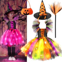 Hats 2024 Halloween Girls Witch Cosplay Costume Carnival Party LED Light Vampire Dress Up Luminous Stage Performance Tutu Dress Broom