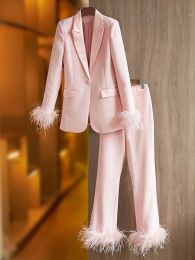 HIGH STREET Newest 2024 Fashion Designer Runway Suit Set Women Slim Single Button Feather Embellished Blazer Pants Suit