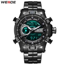 WEIDE Mens Military Chronograph Alarm Automatic Date Clock black metal case belt bracelet Strap Sport Model Relogio Wristwatches309M