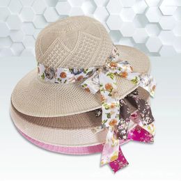 Wide Brim Hats Flat Top Ribbon Bowknot With Wind Lanyard Fisherman Visor UV Protection Women Sun Hat Beach Cap Straw