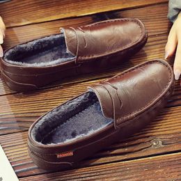 WEH Mens Winter With Plush Casual Shoes Male Fashion Cold-proof Leather Loafer s Men Slip-on Comfy Leisure Driving Shoes 240328