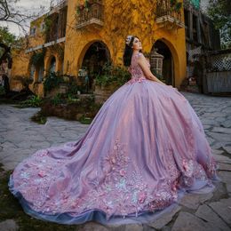 Lilac Shiny Quinceanera Dress Off Shoulder Corset Ball Gown Applique Lace 3DFlower Beads Tull Sweet 16 Vestidos De 15 Anos