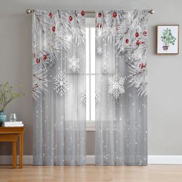 Curtains Christmas Pine Needle Snowflake Wood Grain Grey Window Curtains For Living Room Bedroom Modern Tulle Voile Curtains Decoration