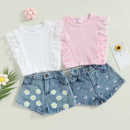 Citgeett Summer Kids Toddler Girls Outfit Sets White Ruffle Sleeve Ribbed Tops Daisy Print Denim Shorts Clothes 240306