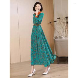 Casual Dresses 2024 Spring Autumn Women's Chiffon Dress Fashion Stand Collar Floral Printed Female Elegant Belt Long Vestidos 4XL