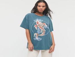 Jastie Fashion Overdyed TShirt Koi Fish Graphic Tee Summer Short Sleeve ONeck Woman tshirts Tops Oversized Tee Shirts 2104192628736