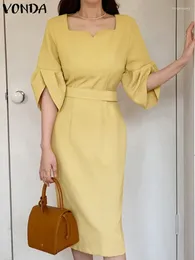 Casual Dresses VONDA 2024 Elegant Women Dress Summer 3/4 Puff Sleeve Midi Sundress Loose Waist-in Design Party Evening Robe Vestidos