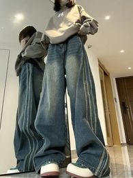 Y2K Vintage High Waist Streetwear Style Blue Jeans Pants Korean Fashion Womens Wide Leg Striped Denim Trouser Female Clothes 240312