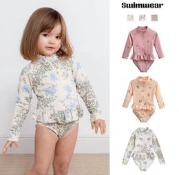 Girls cherry floral printed one-piece swimsuits kids long sleeve seamless swimming summer girls SPA beach pool bathing suits Z7191