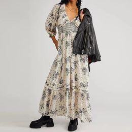 Casual Dresses Imcute Boho Flowy Maxi Dress For Women Puff Long Sleeve Square Neck Embroidered Swing Tiered