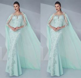 Mint Green Mermaid Prom Dresses With Wraps 3/4 Long Sleeves Lace Appliqued Floor Length Formal Party Prom Dresses