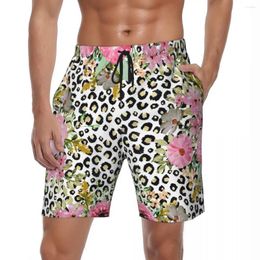 Men's Shorts Swimsuits Elegant Floral Leopard Board Summer Pink Flower Print Vintage Short Pants Males Sports Surf Swim Trunks