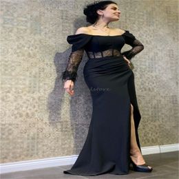 Fitted Black Prom Dress With Slit Off Shoulders Long Sleeve Satin Mermaid Evening Dresses Elegant Dinner Formal Dance Party Dress 2024 Special Occasion Dress Vestio