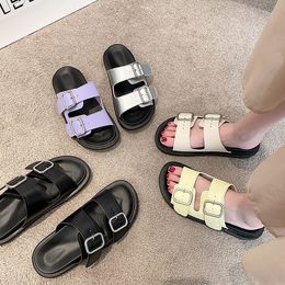Thick soled Roman slippers retro round toe double buckle strap casual flat bottomed beach sandals 2024 summer women's sports and leisure