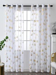 Curtains Gold Leaf Print White Sheer Curtains for Bedroom Window Treatment Set Grommet Top