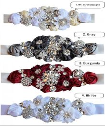 2022 New Wedding Sashed Belt Silk Satin Handmade Flowers With Sparkly Crystal Beaded Sequin Cheap Burgundy Champagne Bridal Sash B9136848