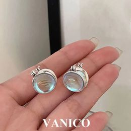 Korean Moonstone Hoop Earrings 925 Sterling Silver Y2K Style Dainty Simple Geometry Round Gemstone Huggie Earrings for Women 240313