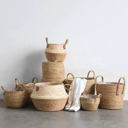 Baskets Handmade Woven Seaweed Storage Baskets Folding Seagrass Belly Garden Flower Pot Plant Basket Straw Storage Boxes For Home Decor