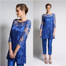 Royal Blue Mother Of The Bride Pant Suits Lace Long Sleeve Mother Gowns With Wrap Three Pieces Plus Size Wedding Guest Dress 245H