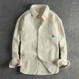 Men's Casual Shirts Pocket Embroidered Light Beige Trendy Corduroy Loose Fitting Shirt For Pure Cotton Jacket 656