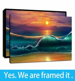 Framed Artwork Colourful Sunset Ocean Waves Beach Landscape Oil Paintings Print on Canvas Wall Art Picture Paintings Poster for Hom4941204