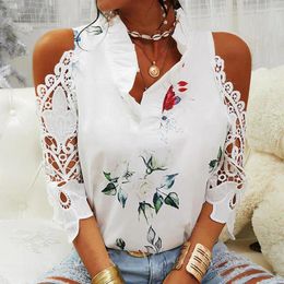 Women's Blouses Spring Summer Elegant Hollow Out Printed Women Sexy V-Neck Short Sleeve Lace Shirts Female Strapless Blouse Tops 19361