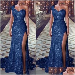 Basic Casual Dresses Summer Y One Shoder Party Dress Women Sleeveless High Slit Shiny Gowns Vestidos De Mujer Sequin Floor-Length Drop Dheyg