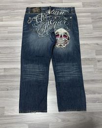 Baggy Jeans Mens Hip Hop Punk Skull Embroidery Harajuku Casual Denim Trousers Blue Retro Goth Straight Y2k Pants Streetwear 240311