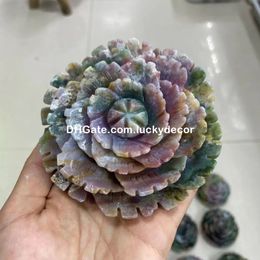 Rose Quartz Lepidolite Ocean Jasper Moss Agate Peony Flower Carving Spiritual Meditation Reiki Natural Crystal Gemstone Plant Sculpture Love Gift for Women and Men