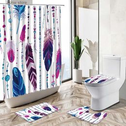 Shower Curtains Hand-Painted Colourful Feather Shower Curtain Set Bohemian Tribal Culture Art Home Decor Bath Mat Toilet Cover Bathroom Carpet Y240316