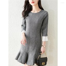 Casual Dresses Spring Autumn Round Neck Fashion Long Sleeve Midi Dress Women High Street Slim Pleated Patchwork Ruffles Elegant