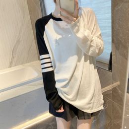 TB Hot Diamond Little Rabbit American Contrast Shoulder Long Sleeve Knitted T-shirt Womens Early Autumn 24 New Loose Bottom Top