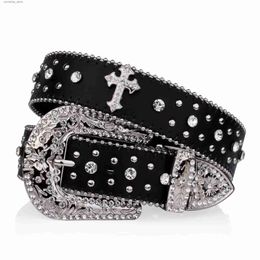 Belts Black cross rivet with carved buckle and rhinestone decoration PU belt hip-hop jeans pants belt punk Western denim womens beltY240316