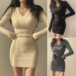 Casual Dresses Chic Lady Spring Dress Basic Women Autumn Slim Fit Solid Color Striped Texture Mini Thermal