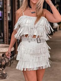 Women Y2k Sparkly Sequins Tassel Skirt Set Sleeveless Crop Top Sling Vest Fringe Skirt Summer Outfits Dance Rave Party Clubwear 240315